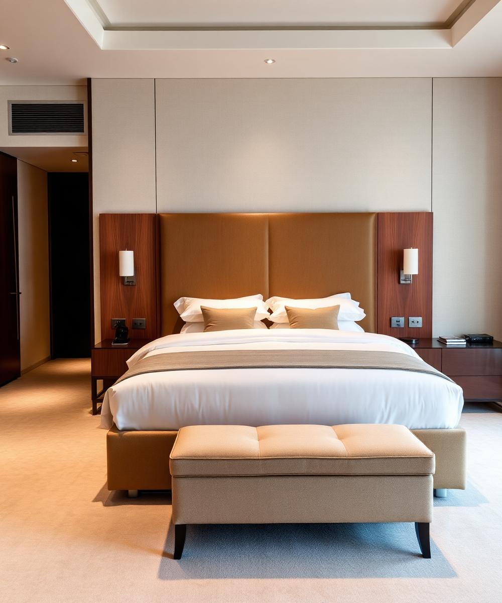 Hotel bedroom furniture with upholstered king bed and wooden headboard