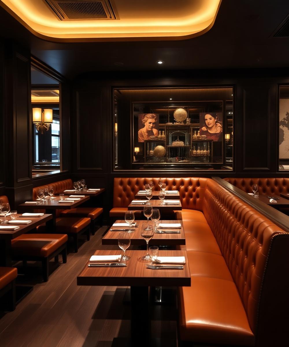 Restaurant furniture with wooden dining tables and leather banquette seating