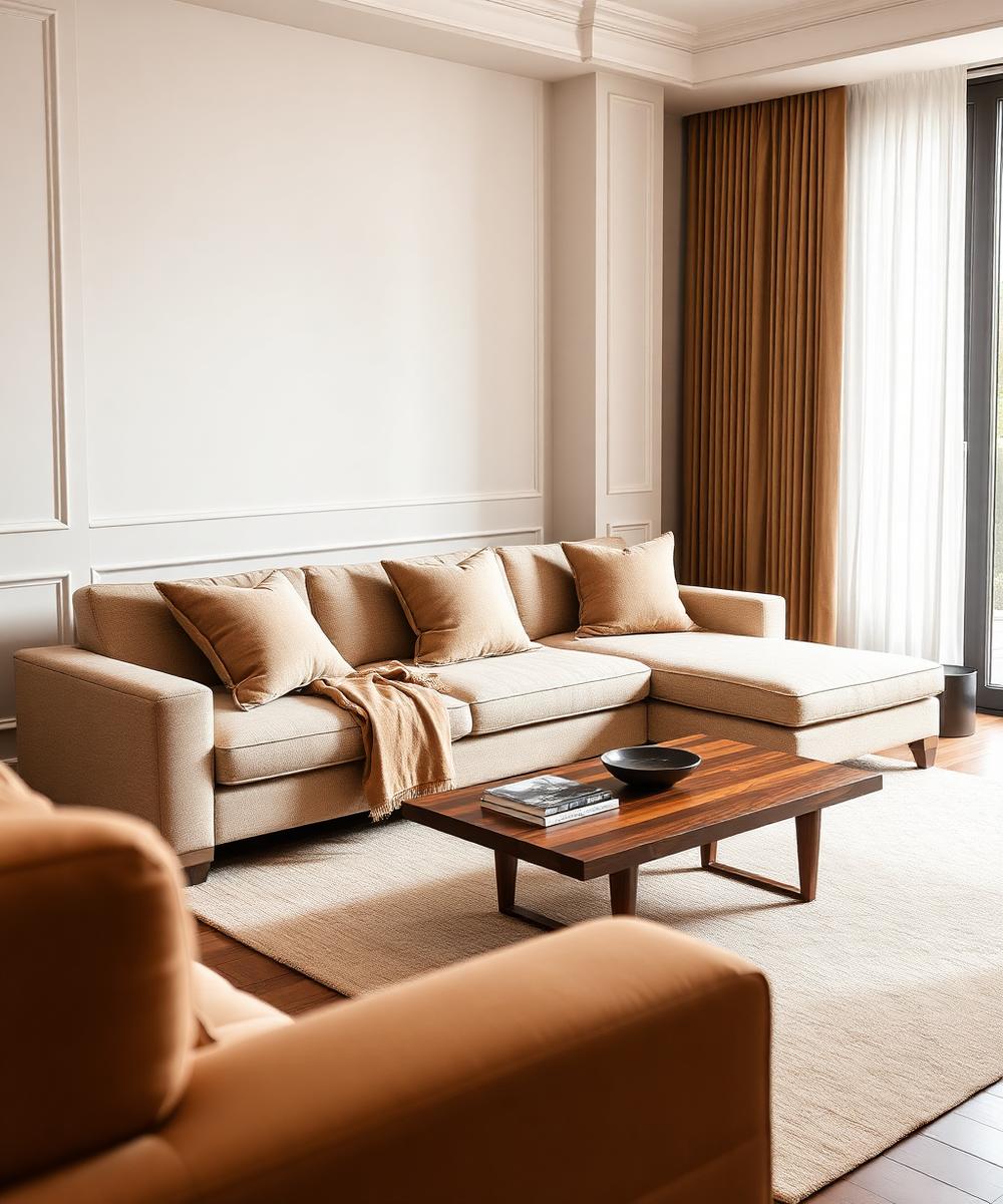Wholesale living room set with beige fabric sofa and walnut coffee table