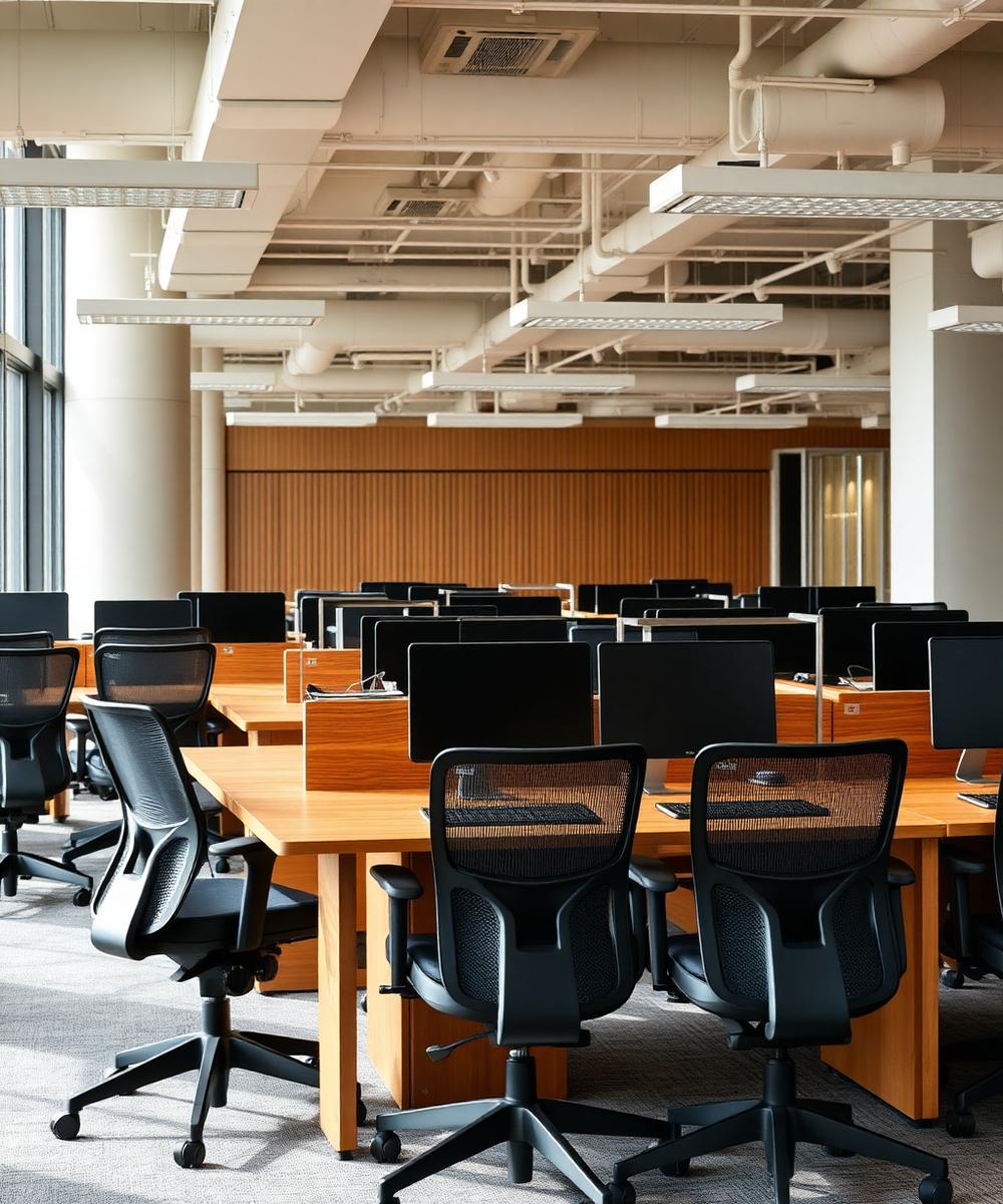Corporate office furniture with ergonomic chairs and wooden workstations