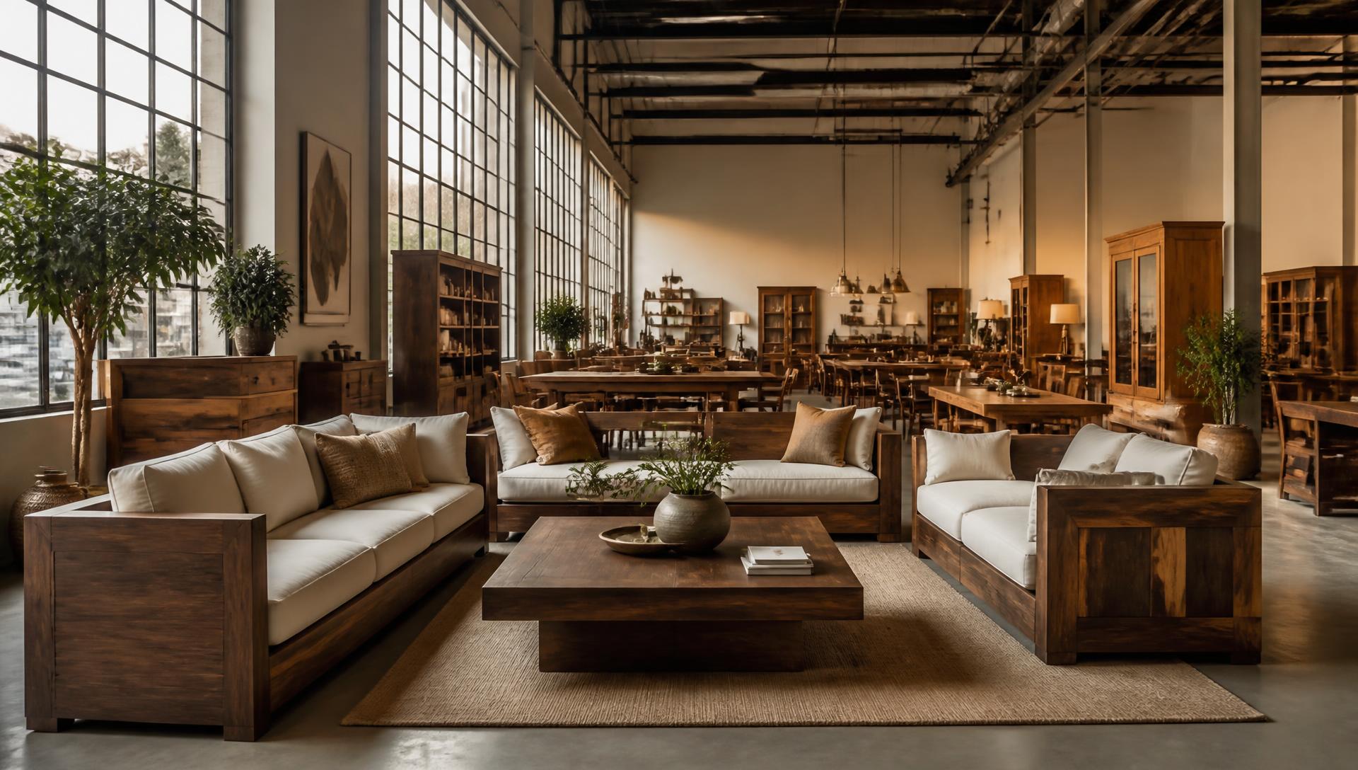 Wholesale furniture showroom with solid wood sofas, dining tables and cabinets ready for bulk dispatch